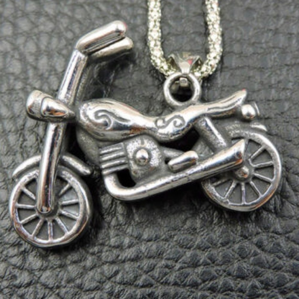 UNISEX Silver Tone Detailed MOTORCYCLE Pendant Chain Necklace